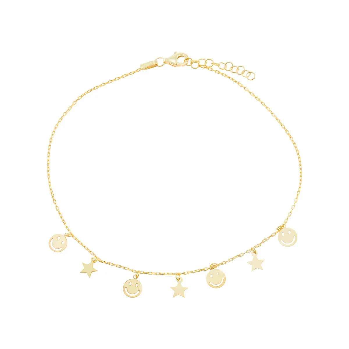 YGP Sterling 10" Smiley Face and Star Ankle Bracelet