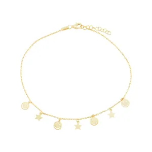YGP Sterling 10" Smiley Face and Star Ankle Bracelet